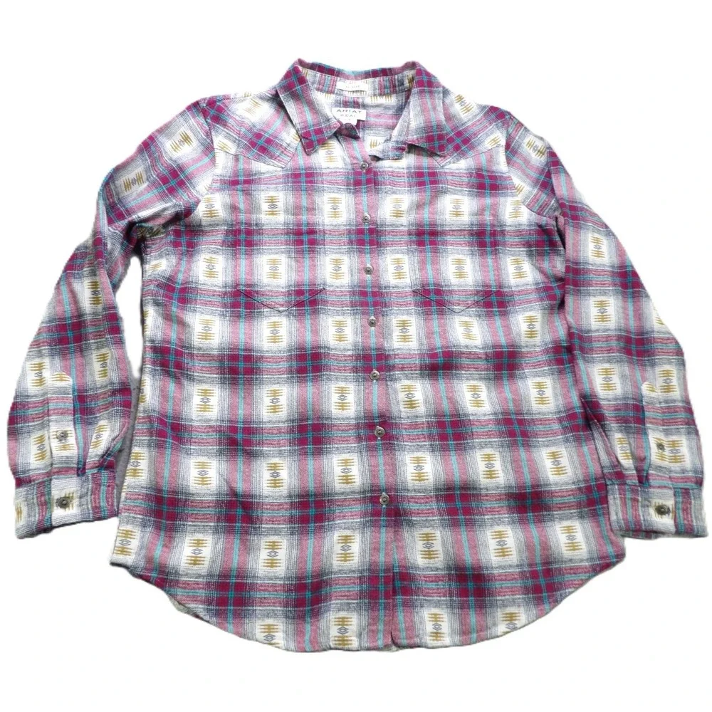 Ariat Real Relaxed Fit Shirt Women L Pink Plaid Aztec Western Button Cotton Tops